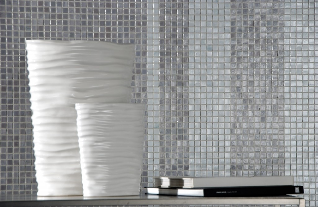 Mosaico+'s Concerto glass tiles contain shimmer metallic qualities.